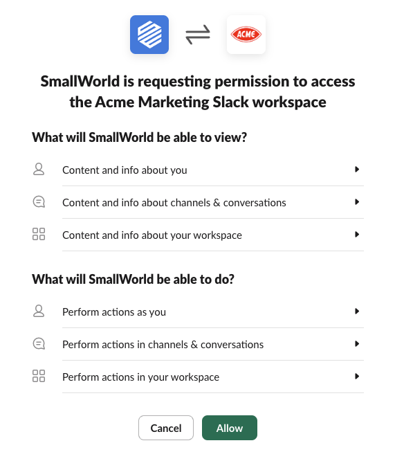 Slack permissions — click Allow