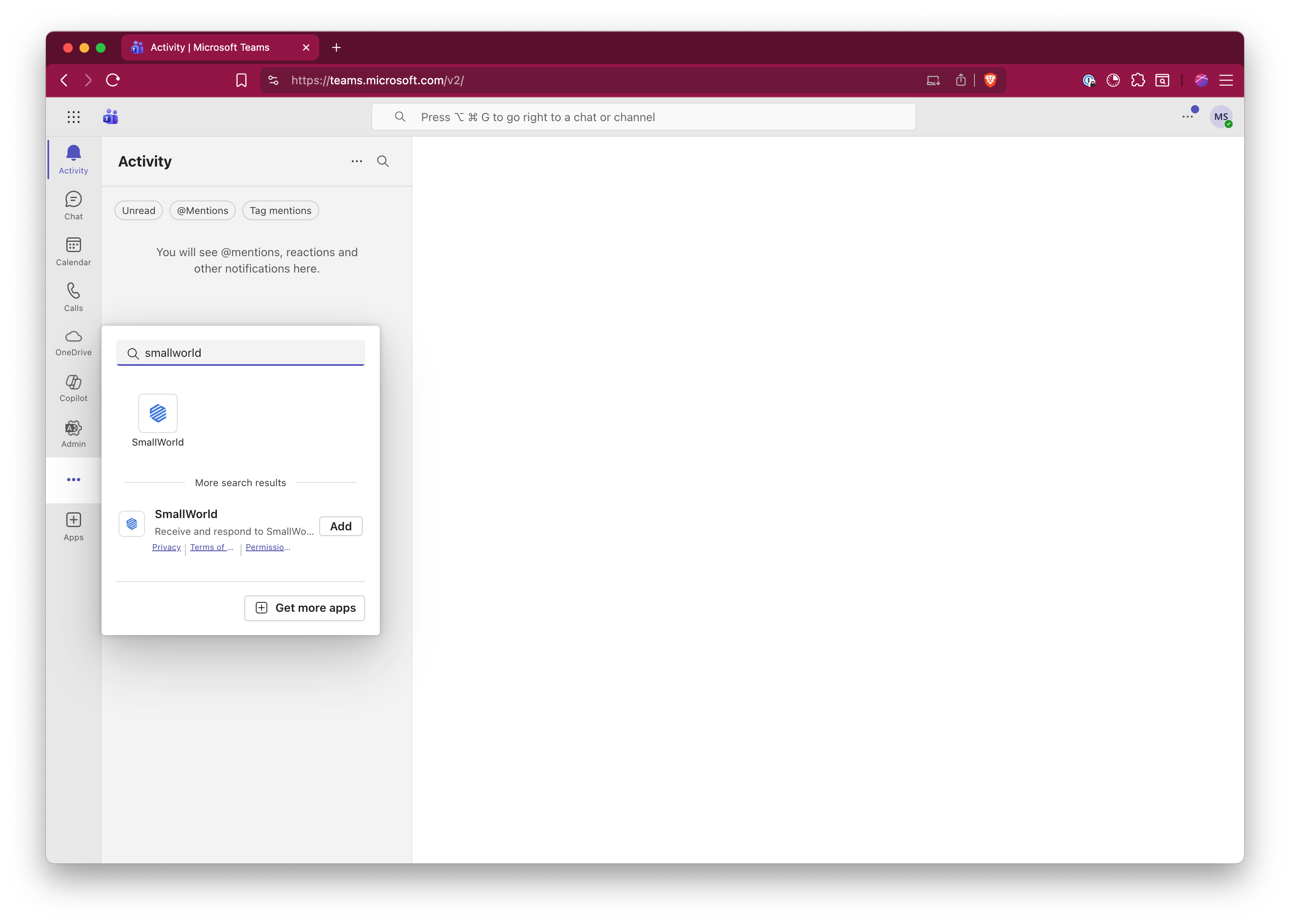 Find the SmallWorld app in Teams